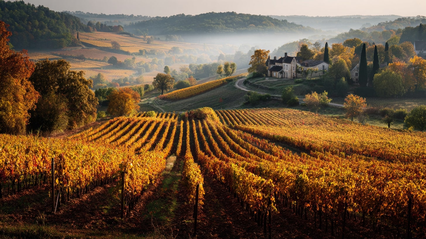 Vignobles de Bergerac et Duras en Dordogne avec rouges, blancs et Monbazillac
